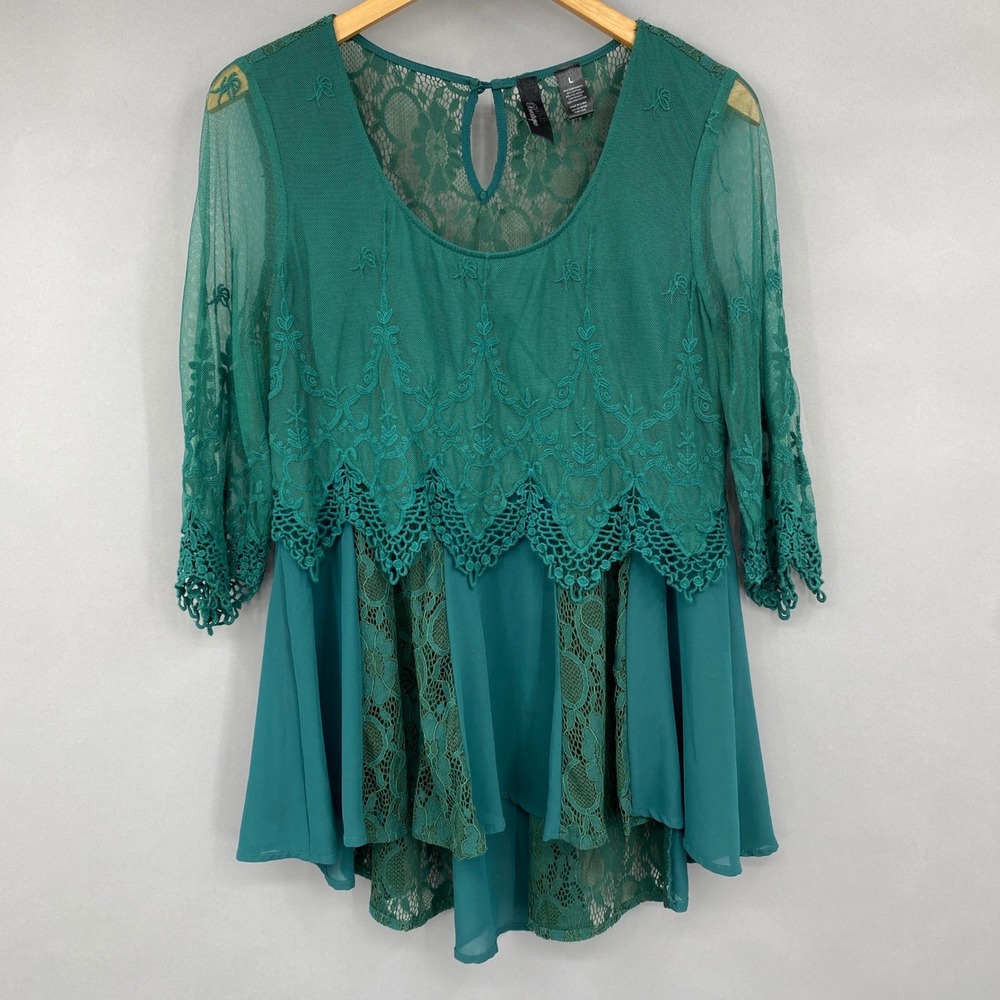 BKE Boutique Lace Chiffon Layered Top Women Large Green Boho Sheer Mesh Western